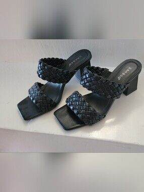 BAMBOO Black Braided Double-Strap Block Heel Mule